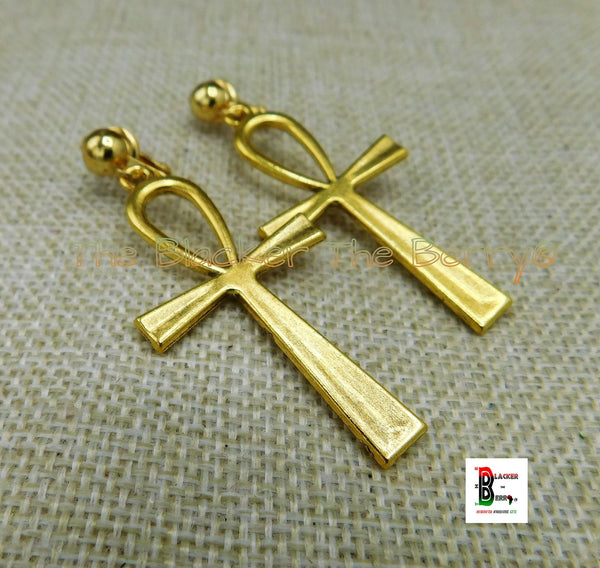 Antique Gold Tone Ankh Clip On Earrings Non Pierced Dangle Egyptian Jewelry