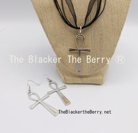 Silver Ankh Necklace Jewelry Set Earrings Women