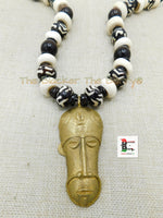Large African Mask Men Necklace Beaded White Wooden Brass Black Owned