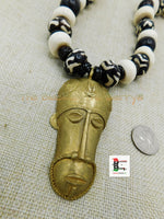Large African Mask Men Necklace Beaded White Wooden Brass Black Owned