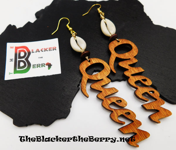 Queen Earrings Wooden Dangle Jewelry Handmade Cowrie Shell Gift Ideas