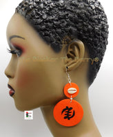 African Earrings Wooden Ethnic Jewelry Duafe Gye Adinkra Women Orange Black