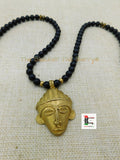 African Mask Necklace Black Brass Beaded Jewelry Black Owned