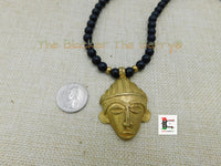 African Mask Necklace Black Brass Beaded Jewelry Black Owned