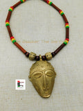 African Mask Necklace Wooden Red Yellow Green Ethnic Afrocentric Jewelry Black Owned