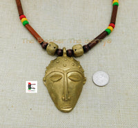 African Mask Necklace Wooden Red Yellow Green Ethnic Afrocentric Jewelry Black Owned