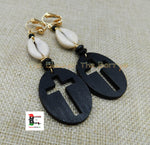 Cross Earrings Wood Black Clip On Christian Beaded Cowrie Jewelry Handmade
