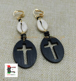 Cross Earrings Wood Black Clip On Christian Beaded Cowrie Jewelry Handmade