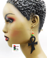 Ankh Earrings Wooden Black  Handmade Hand Painted Ethnic Red Yellow Green