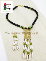 African Jewelry Set Black Green Cowrie Necklace Earrings OOAK Handmade