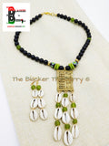 African Jewelry Set Black Green Cowrie Necklace Earrings OOAK Handmade