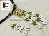 African Jewelry Set Black Green Cowrie Necklace Earrings OOAK Handmade