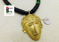 Large Mask Necklaces African Men Black Green Ethnic Afrocentric Beaded Face Jewelry Brass