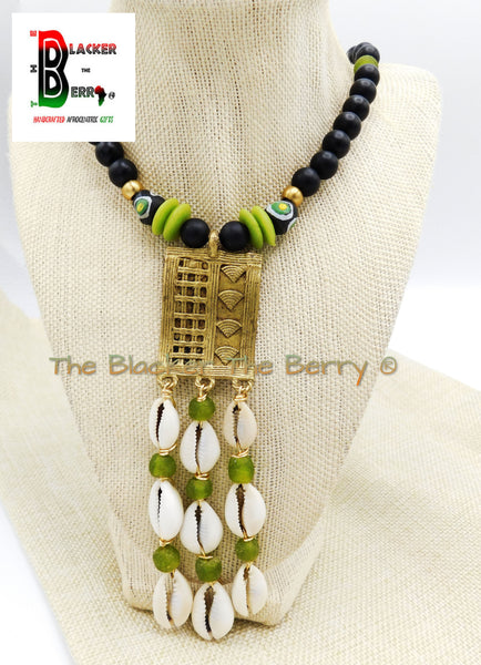 African Jewelry Set Black Green Cowrie Necklace Earrings OOAK Handmade