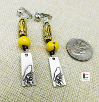 Bird Clip On Earrings Yellow Beaded Jewelry Women Silver Ethnic Non Pierced