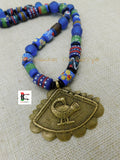 Sankofa Necklace Beaded African Adinkra Krobo Handmade Hand Painted Jewelry Blue