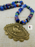 Sankofa Necklace Beaded African Adinkra Krobo Handmade Hand Painted Jewelry Blue