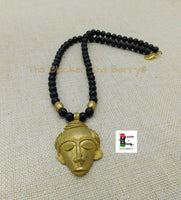 African Mask Necklace Beaded Black Brass Jewelry Unisex Tribal Black Owned