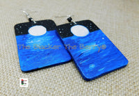 Moon Earrings Night Time Jewelry Water Waves Hand Painted Wooden