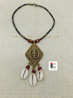 African Adinkra Ese Necklace Beaded Black Red Handmade Cowrie Black Owned Jewelry