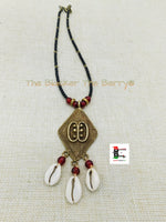 African Adinkra Ese Necklace Beaded Black Red Handmade Cowrie Black Owned Jewelry