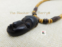 African Mask Carved Wooden Necklace Jewelry Beaded Afrocentric Black Owned