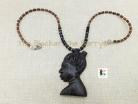 African Women Carved Ebony Wooden Necklace Handmade Jewelry Black Owned