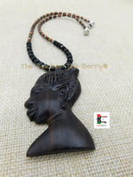 African Women Carved Ebony Wooden Necklace Handmade Jewelry Black Owned