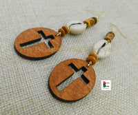 Cross Earrings Wood Christian Beaded Cowrie Jewelry Handmade