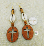 Cross Earrings Wood Christian Beaded Cowrie Jewelry Handmade