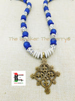 African Coptic Necklace Beaded Jewelry Blue White African Black Owned