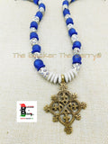 African Coptic Necklace Beaded Jewelry Blue White African Black Owned