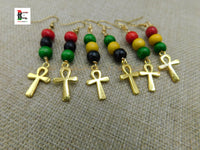 Ankh Earrings Gold Small Pan African RBG  Rasta Jamaica Dangle Handmade Jewelry