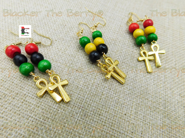 Ankh Earrings Gold Small Pan African RBG  Rasta Jamaica Dangle Handmade Jewelry
