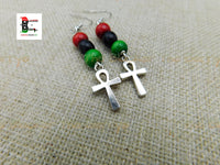 Ankh Earrings Silver Small Pan African RBG Dangle Handmade Jewelry