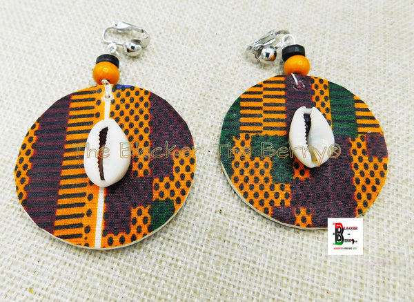 Clip On Earrings African Jewelry Cowrie Ankara Handmade Black Owned Wooden