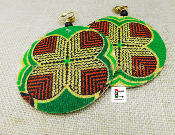 African Clip On Earrings Ankara Red Green Gold Handmade Jewelry Black Owned