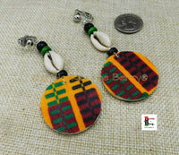 African Ankara Clip On Earrings Cowrie Beaded Jewelry Handmade Black Owned