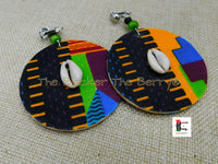 African Ankara Clip On Earrings Handmade Jewelry Kente Cowrie Green Black Blue