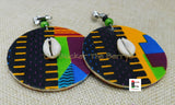 African Ankara Clip On Earrings Handmade Jewelry Kente Cowrie Green Black Blue