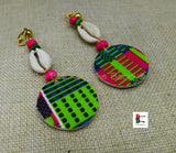 African Ankara Clip On Earrings Cowrie Pink Green Blue Beaded Jewelry Handmade Black Owned