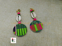 African Ankara Clip On Earrings Cowrie Pink Green Blue Beaded Jewelry Handmade Black Owned