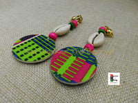 African Ankara Clip On Earrings Cowrie Pink Green Blue Beaded Jewelry Handmade Black Owned