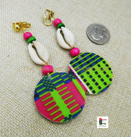 African Ankara Clip On Earrings Cowrie Pink Green Blue Beaded Jewelry Handmade Black Owned