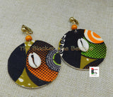 African Clip On Earrings Ankara Jewelry Orange Green Beaded Cowrie Handmade Black Owned