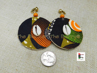 African Clip On Earrings Ankara Jewelry Orange Green Beaded Cowrie Handmade Black Owned