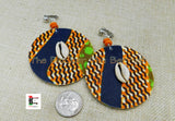 African Clip On Earrings Ankara Jewelry Orange Blue Beaded Cowrie Handmade Black Owned