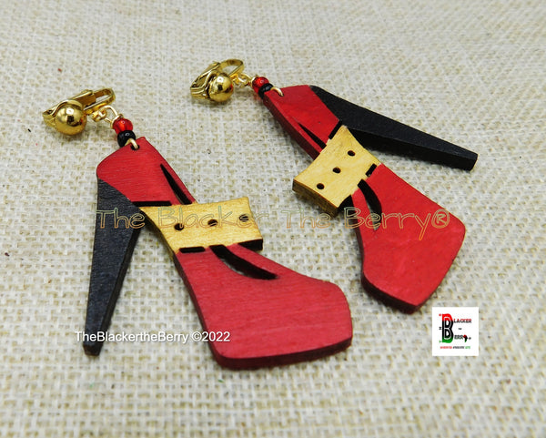 Wooden Earrings Shoe The Blacker The Berry Design Handmade Jewelry Red Gold