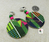 African Clip On Earrings Ankara Jewelry Green Blue Pink Beaded Cowrie Handmade Black Owned