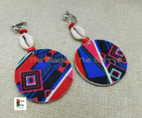 African Clip On Earrings Ankara Jewelry Red Blue Beaded Cowrie Handmade Black Owned
